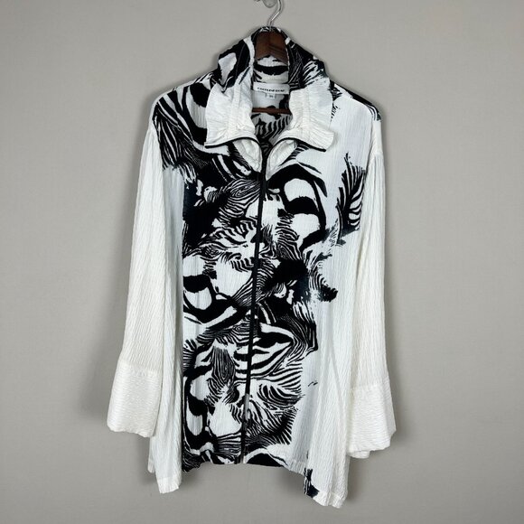 CAROLINE ROSE Jacket Topper Womens 3X White Black Textured Zip‎ Up Artsy Animal - Picture 1 of 13